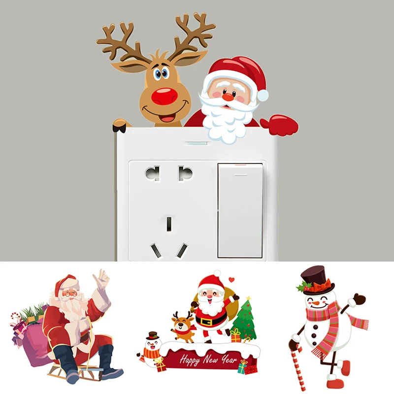 

Cute Cartoon Christmas Decor Switch Stickers Waterproof Removable Wall Glass Sticker Happy New Year Home Decoration Hot Sale