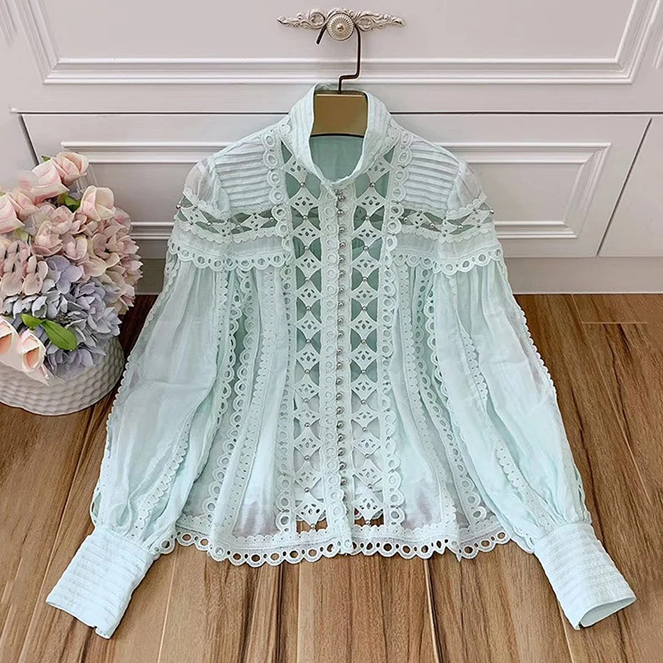 Женская свободная рубашка с длинными рукавами фонариками и воротником