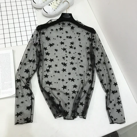 Женская пикантная Прозрачная Кружевная сетчатая рубашка, ажурная прозрачная нижняя рубашка в горошек со звездами, топы со звездами, полосатые рубашки блузки