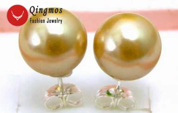 Qingmos модные шампанского моря серьги с жемчугом из раковин для женщин 10 мм круглой