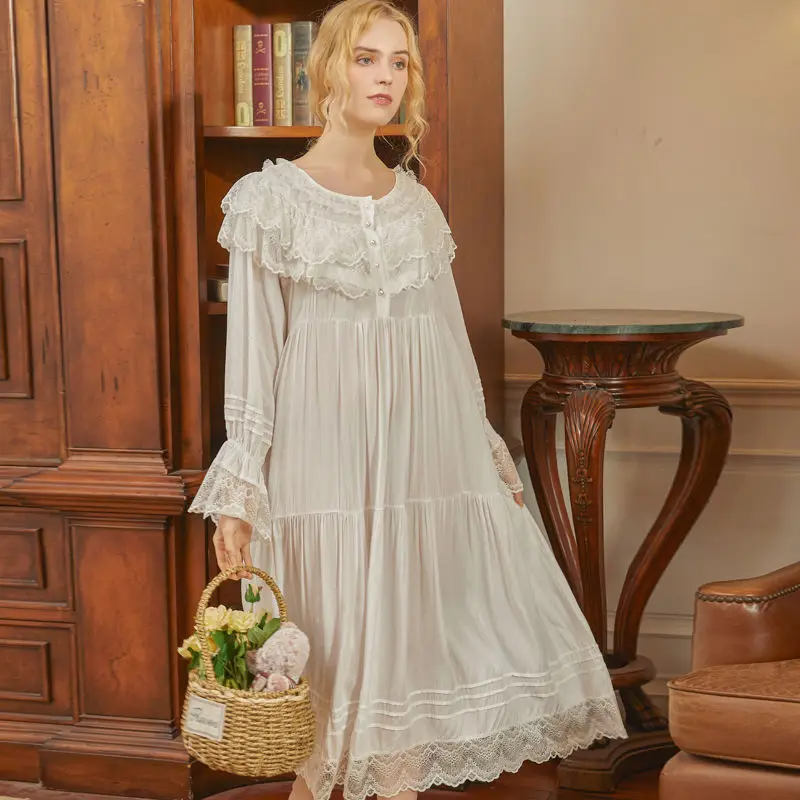 

2021 New Women Long Sleeve White Nightgown Princess Vintage Lace Long Night Dress Spring Autumn Viscose Sleepwear Home Dresses