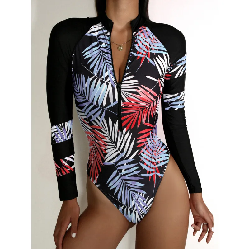 

Summer Print Zipper One Piece Swimsuit Closed Long Sleeve Swimwear Sports Surfing Women's Swimming Bathing Suit Beach Bather