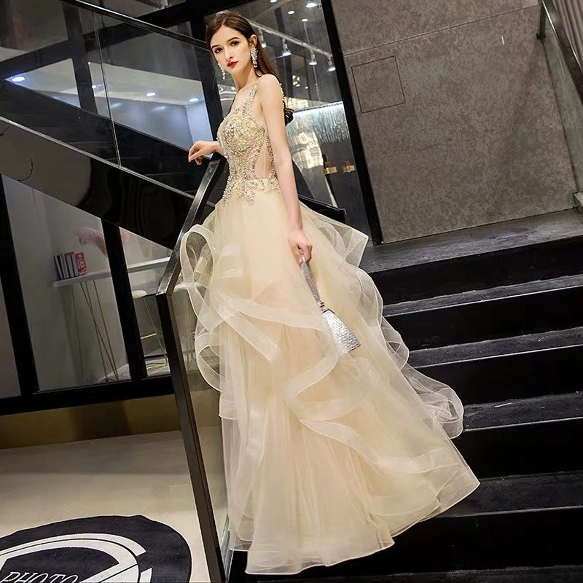 

Custom Made Champagne Gold Beaded Ball Gown Evening Gown Wedding Dress Bridesmaid Dress Cocktail Dress Event Dress Gala Dress