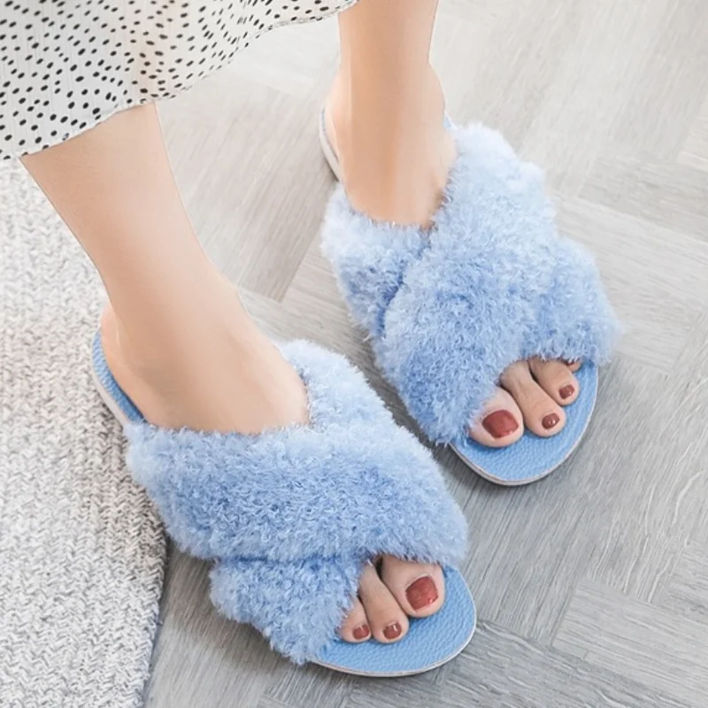 

2021 Women's Furry Slippers for home indoor Ladies Shoes Solid Cute Fur Woman Slides Flat Comfort Thick-soled Cotton slippers