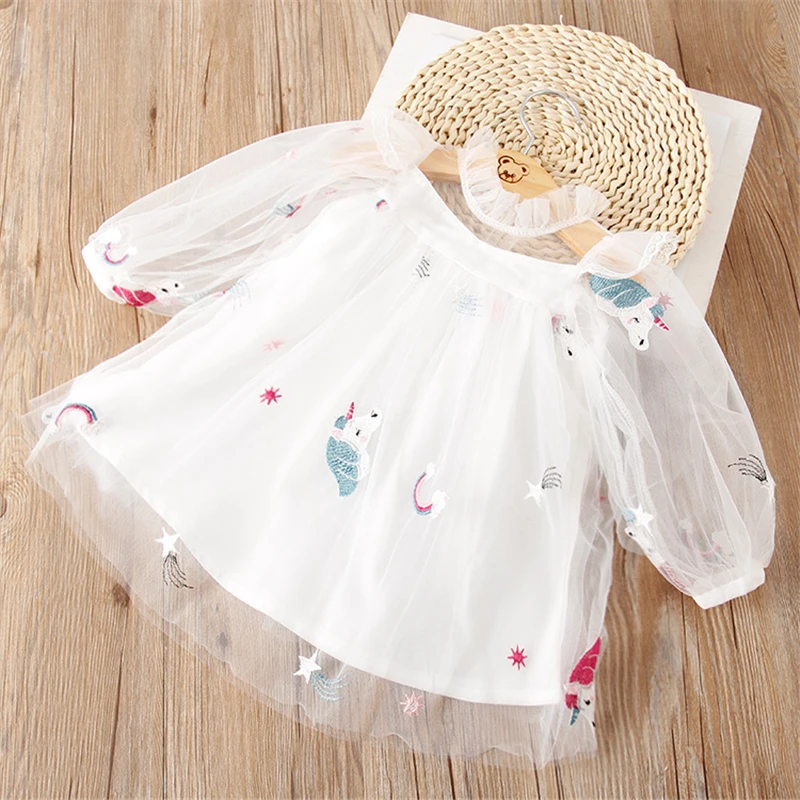 Весенне-летнее платье для девочек Новое Детское с единорогом Кружевное вышивкой