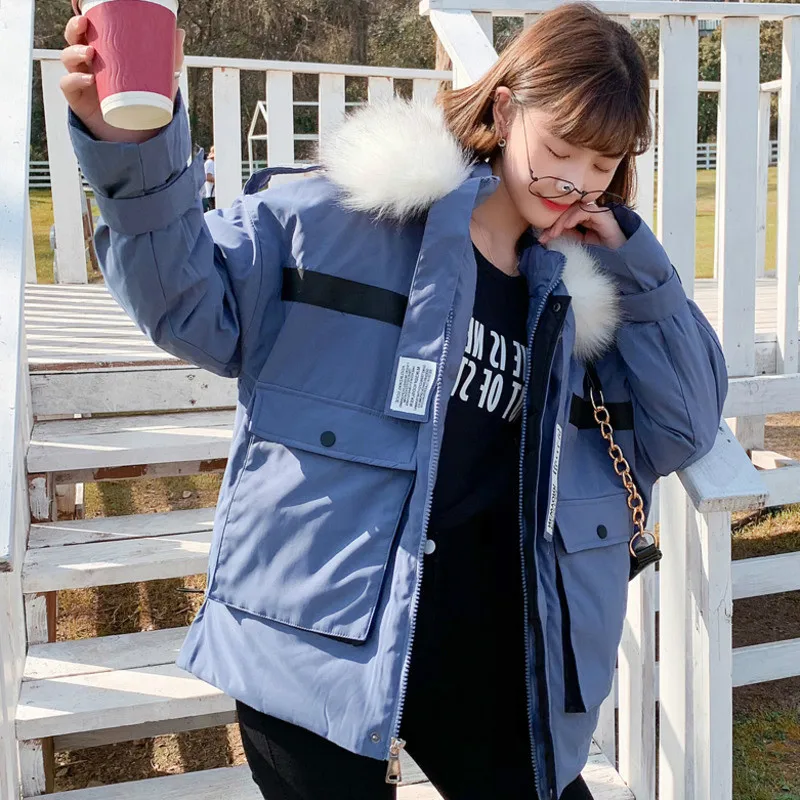 2020 New Fashion Cotton Wadded Womens Coat With Fur Hood Thicken Warm Winter Coat Women Blue Short Puffer Jacket Female Clothes