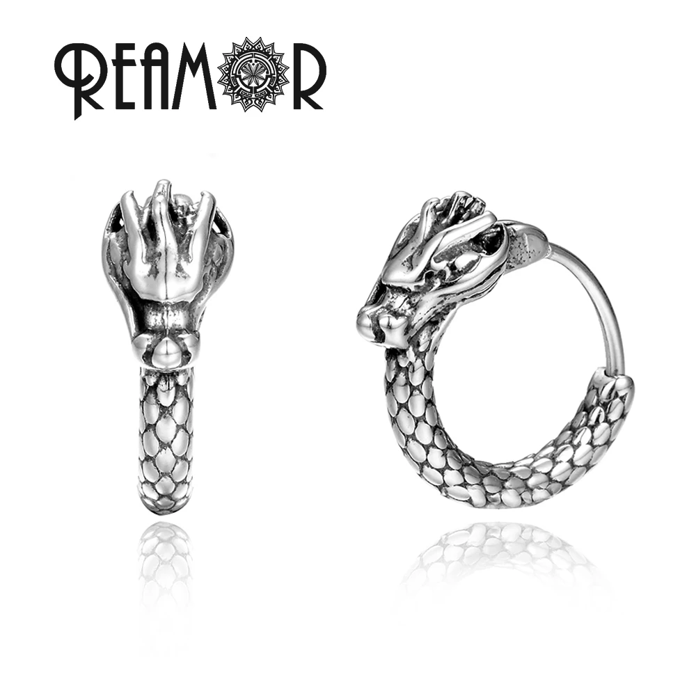 

REAMOR 1 Pair Fashion Dragon Head Hoop Earrings Punk Simple Circle Piercing Earrings For Women Men Jewelry Gifts Wholesale