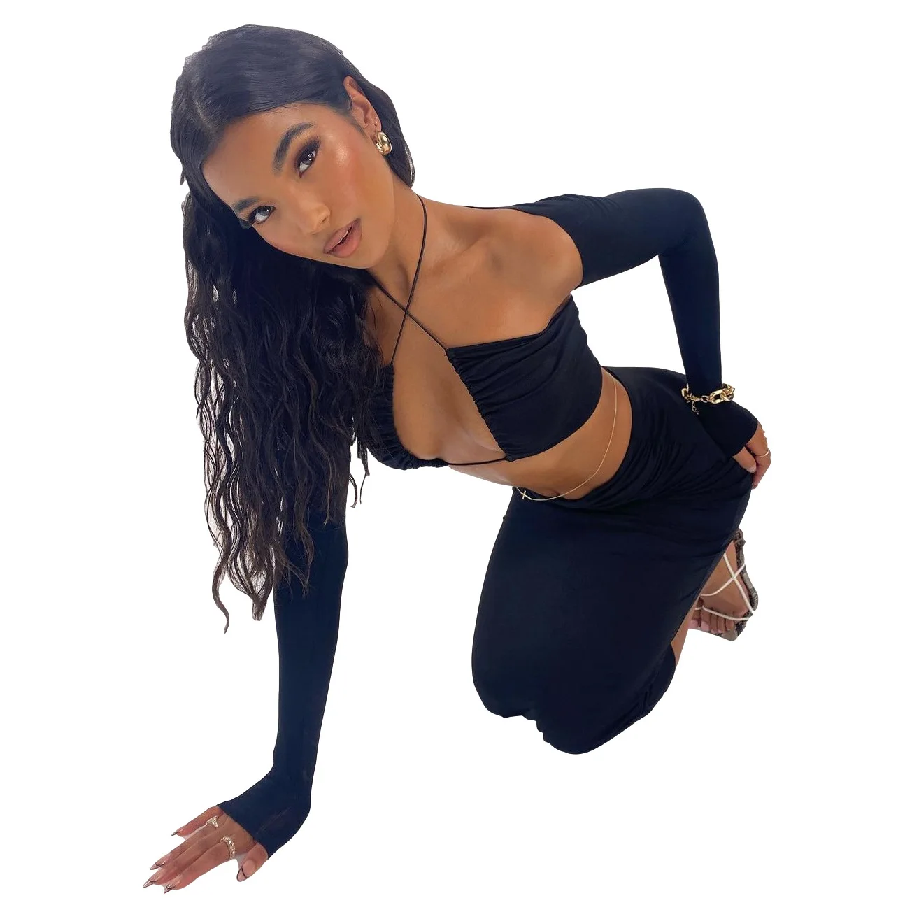 

2021 Black Casual Two Pieces Suits Women Summer Slim Halter Long Sleeve Vest Top Midi Skirts Sexy Solid Party Club Skirts Sets