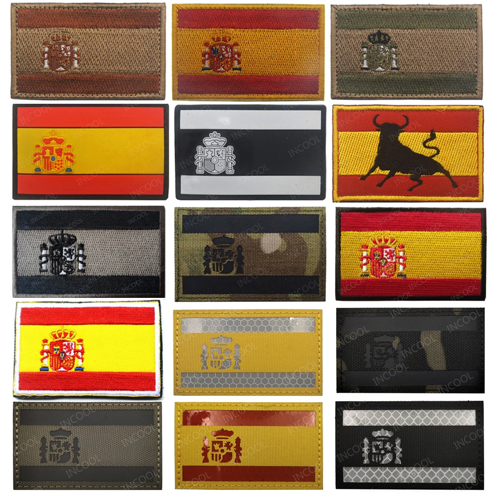 Parches bordados de bandera de España, parche táctico militar, emblema de Calavera, apliques reflectantes, insignias bordadas de goma