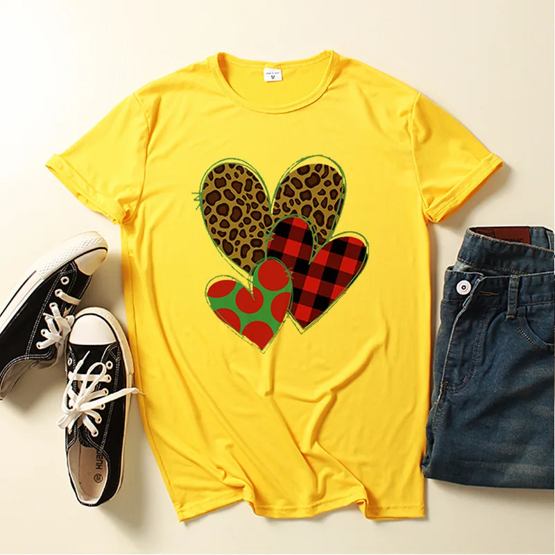 

Leopard Plaid Heart Print Women T Shirt Short Sleeve O Neck Loose Women Tshirt Ladies Tee Shirt Tops Clothes Camisetas Mujer