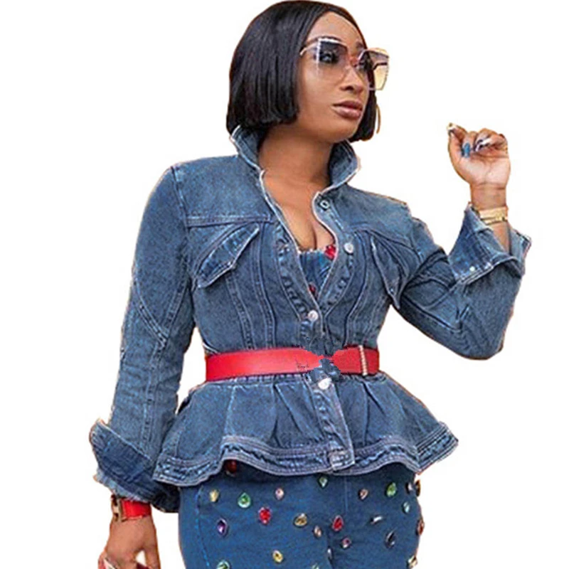 Женская Повседневная синяя джинсовая куртка с баской и длинным рукавом |