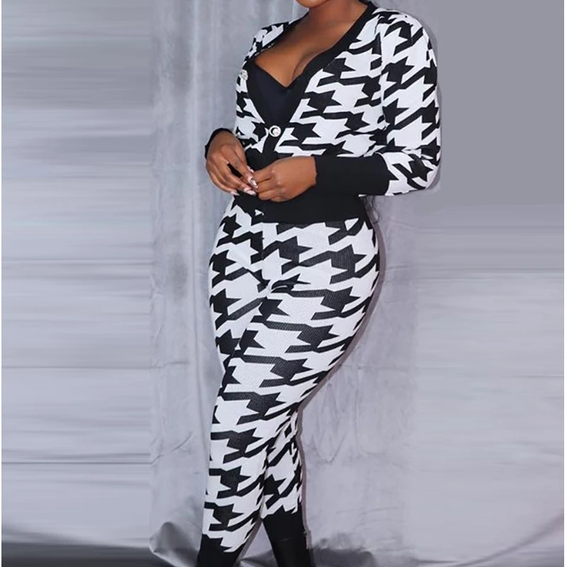 

Mandylandy, белые костюмы с рисунком «гусиные лапки», женская одежда, повседневные короткие топы с принтом, комплекты облегающих брюк-карандаш, в...