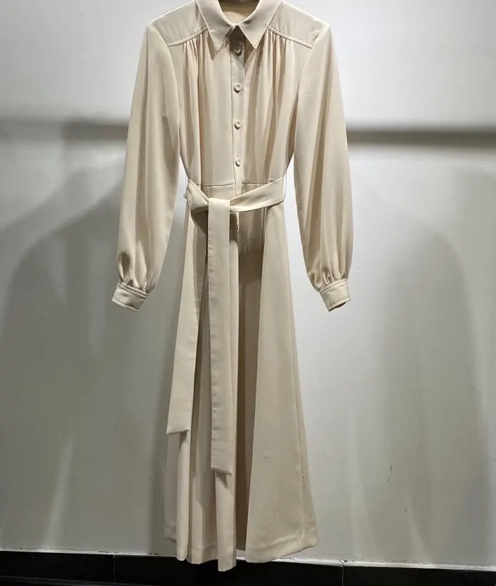 

Dress 2021 Women Autumn Simple Lapel Shoulder Pleated Design Belt Slim Pure Color Elegant Dress