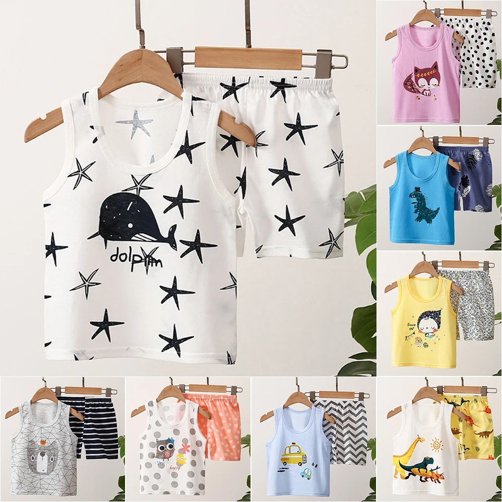 

Cute Boys Girls Cartoon Printed Short Sleeve Tops and Pants Set Color Patchwork Outfits