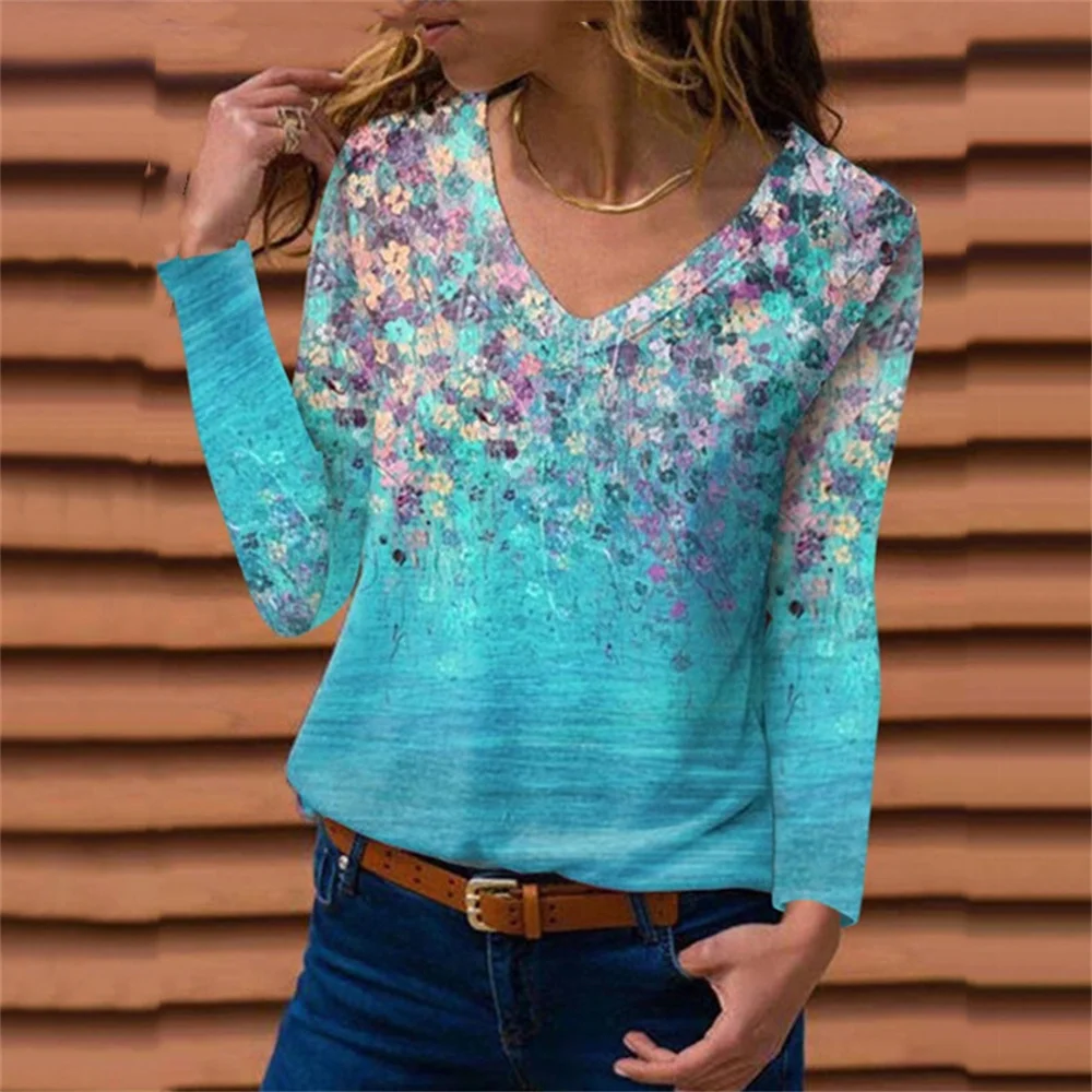 

2021 Autumn Casual Long Sleeve Women T-Shirts Ladies Flower Print Streetwear Tops Female V-Neck Loose Plus Size 5XL Top Pullover