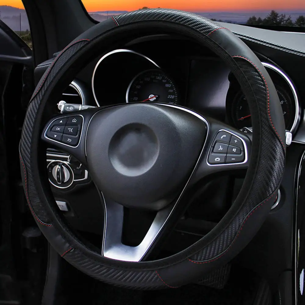 

Black Auto Car Steering Wheel Cover Carbon Fiber Leather 38CM Wheel Cover Interior Accessories