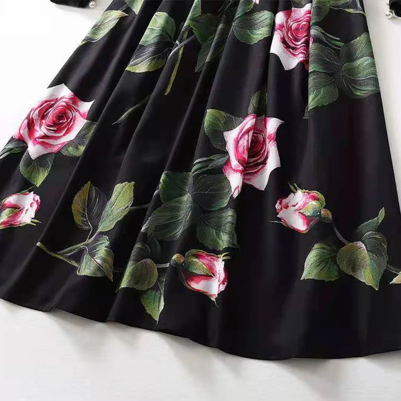 

AELESEEN Runway Fashion Women Dress 2021 Spring Summer Long Sleeve V-neck Rose Flower Print Bandage Black White Elegant Dress