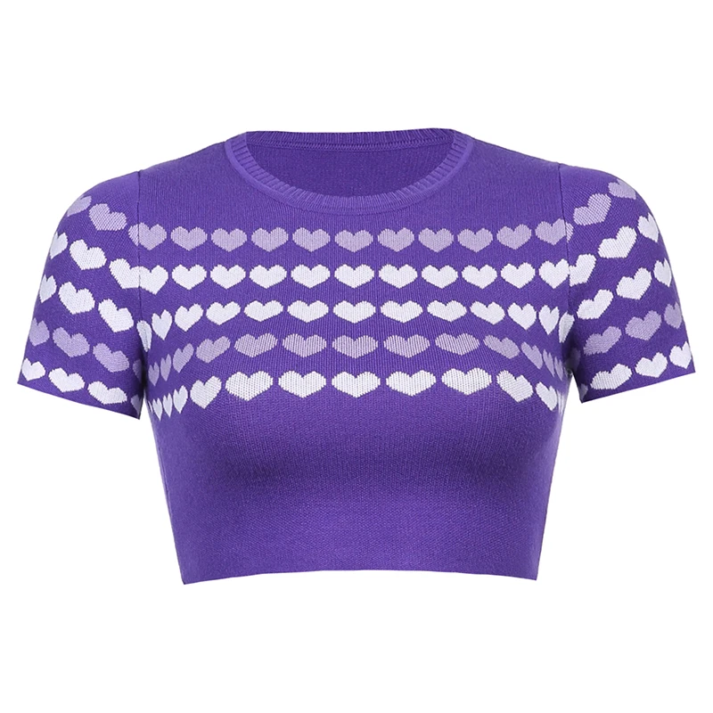 

Y2k Knit T-Shirts Girls Purple Short Sleeve Kawaii Heart Print Female Fashion Summer O-Neck Slim Crop Top Stretch Soft Tee Shirt