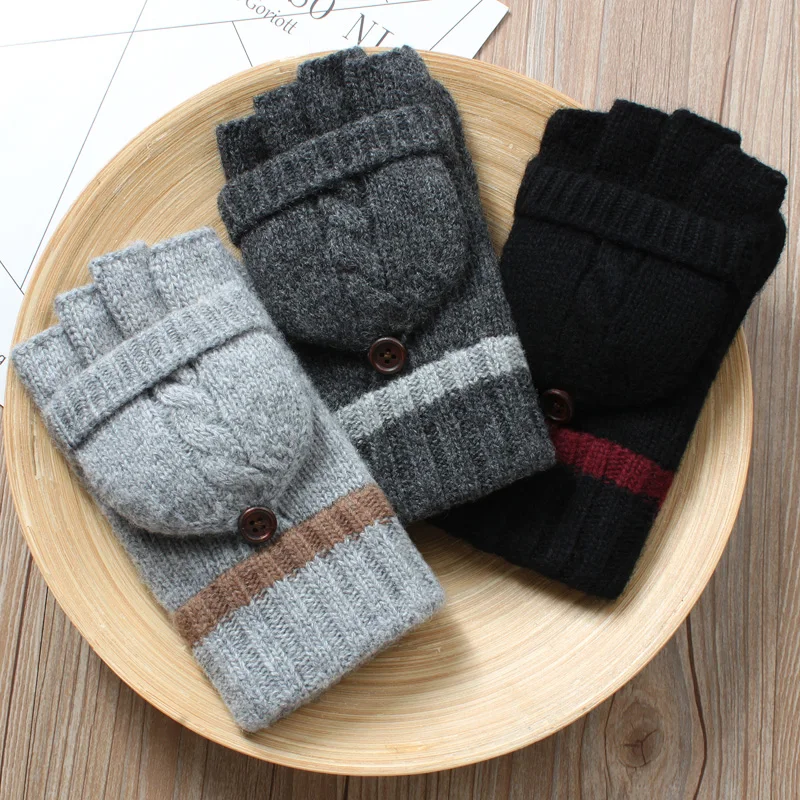 

Winter Men Fingerless Gloves Knitted Wool Mittens Plus Velvet Thickening Winter Warm Mitten Male Flip Half Finger Driving Gloves