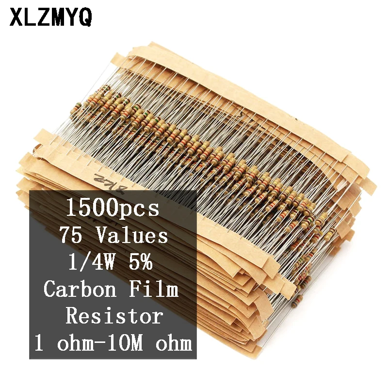 

1500Pcs 1/4W 5% Carbon Film Resistor Assorted Diy Kit 75 Values 1 ohm~10M ohm Resistance 5% Electronic Resistors Set