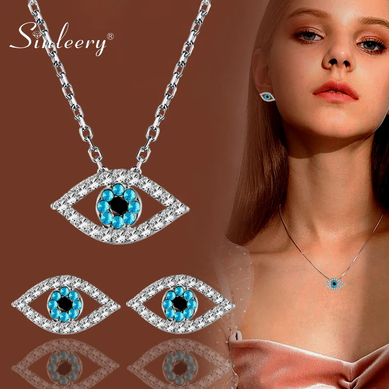 

SINLEERY Charm Luck Turkey Blue Evil Eye Blue Rhinestone Eye Necklace Earring Jewelry Set Silver Color For Women TZ447 SSF