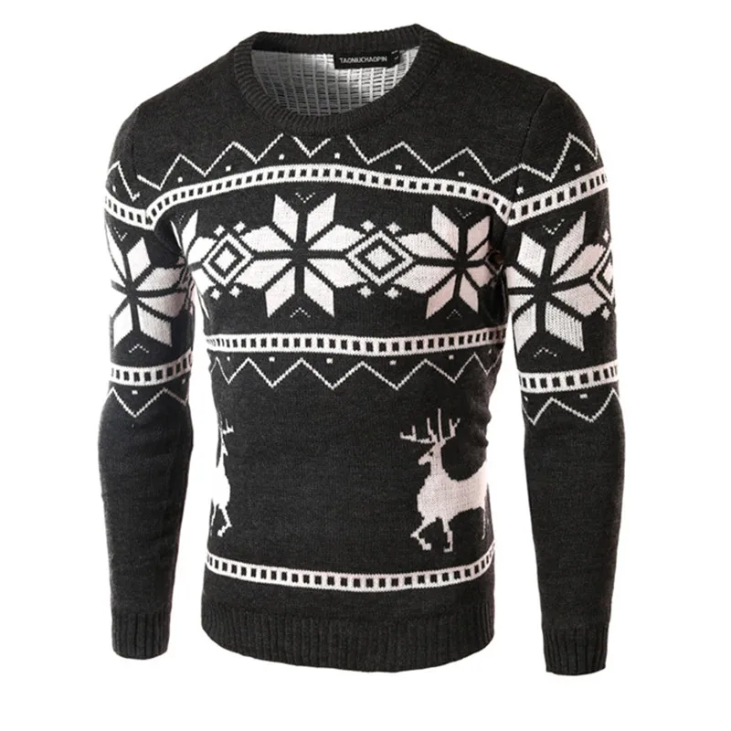 Casual Men Winter Christmas O-neck Long Sleeve Knitted Slim Black White Sweater Mens Casual Home Knitwear Xmas Gift For Male