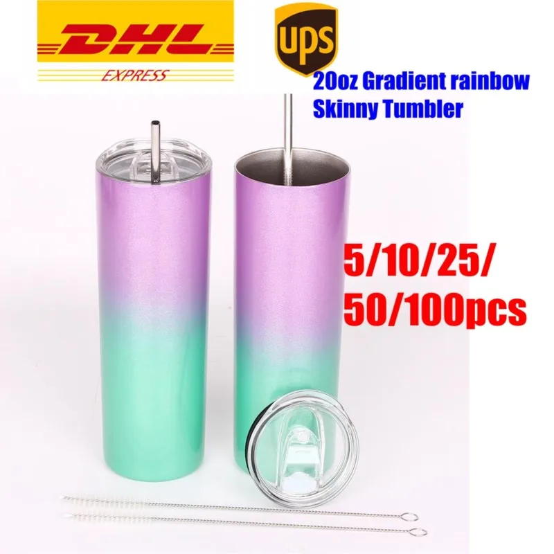 

Аксессуары 10/25/50 шт., 20 унций, Радужный тонкий стакан из нержавеющей стали с градиентом, с крышкой и соломинкой, изолированный прямой стакан