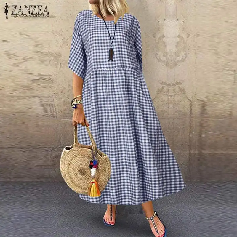 

2022 New Fashion Women Long Maxi Dress ZANZEA Womens Plaid Check Vestidos Beach Party Summer Sundress Long Shirt Robe