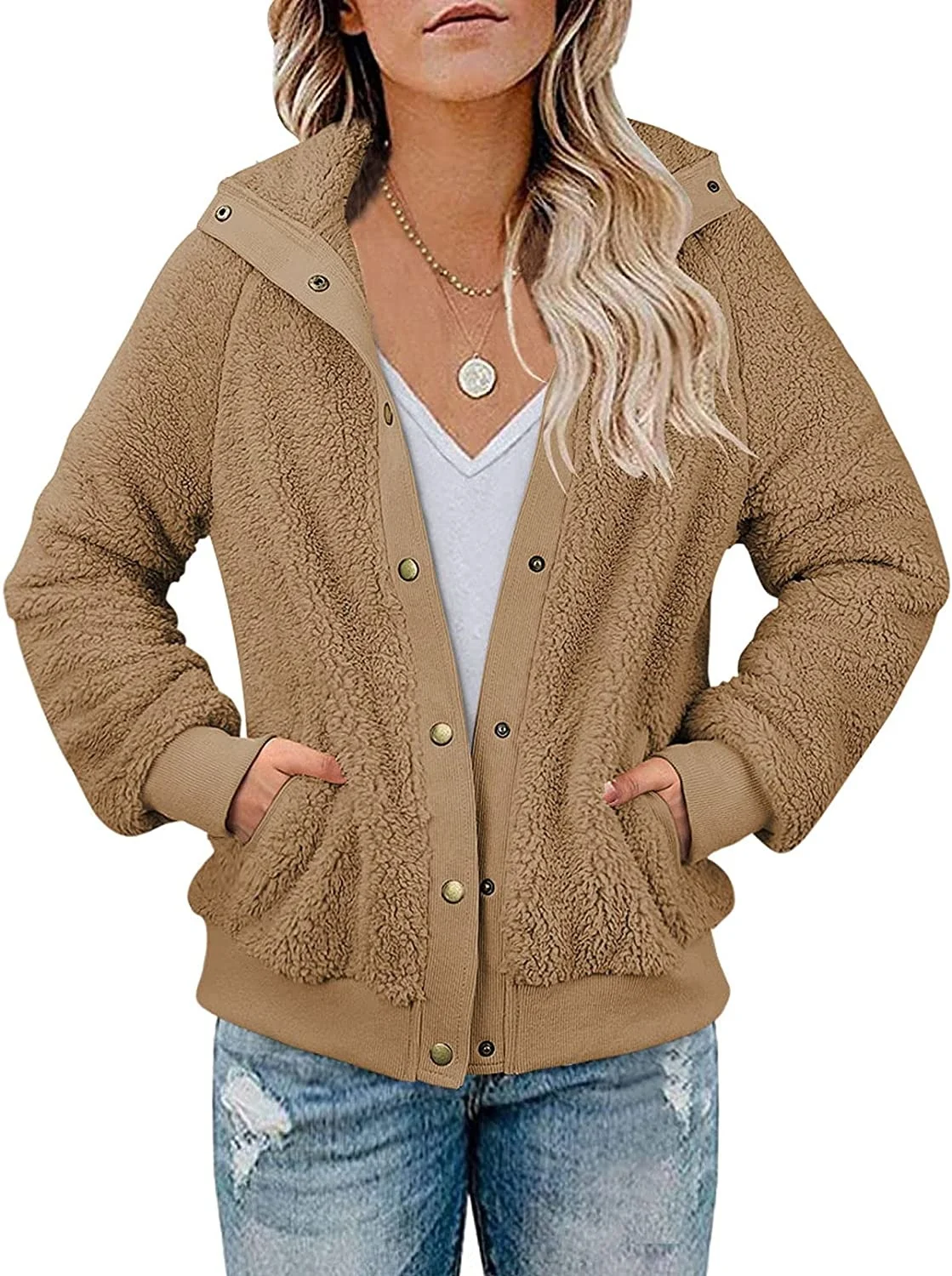 

2021Women's Sherpa Jacket Fleece Winter Teddy Bear Coats Fuzzy Warm Fluffy Button Outwear
