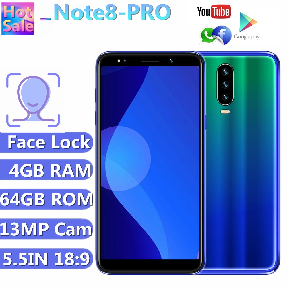Note 8 Pro, мобильный телефон, 18:9, 5,5 дюймов, 4 Гб ОЗУ, 64 Гб ПЗУ, камера 13 МП, смартфоны, Android, разблокировка лица, мобильные телефоны
