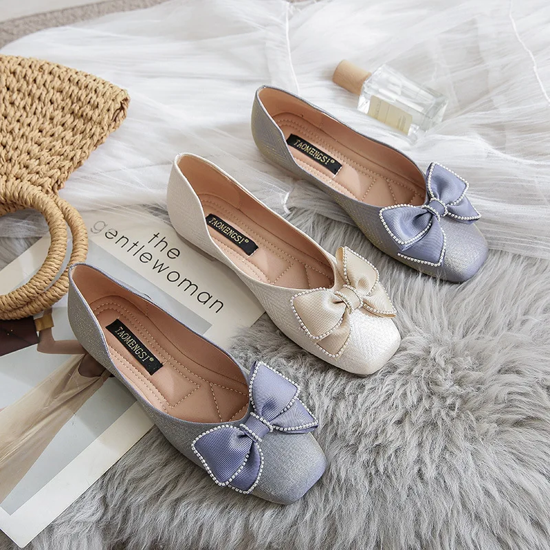 Women Ballet Flat Shoes Bling Crystal Diamond Bow Ballet Flats Ladies Single Shoes Square Toe Pumps Office Lady Big Size Loafers