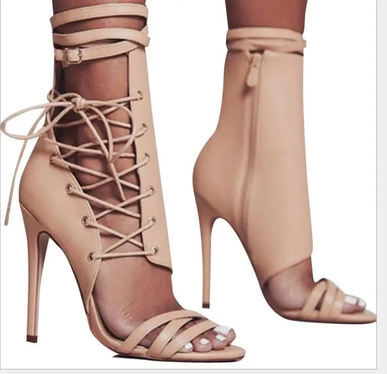 

Roman Buckle Strap Shoes Women Sandals Sexy Gladiator Cross-Tied Lace Up Peep Toe High Heels Ankle Boots Black Stiletto sandals