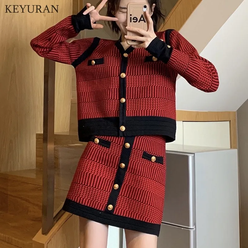 

Knitted Cardigans and A-like Skirt 2 Piece Set Women's Fashion Long-sleeved Vintage Sweater Jumper + Knitting Skirts Suit Ladies