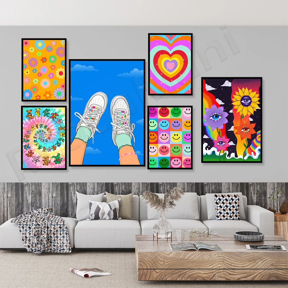 

Abstract painting art color psychedelic poster, eyes, love, mushroom, flower print modern wall canvas wall painting living room
