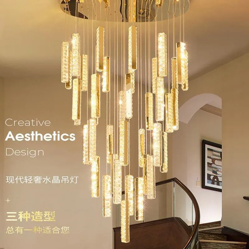 vender Luxo Moderno Ouro Prata Led Lustre De Cristal Duplex Nordic Edifício Espiral Escada Lustre Sala Jantar Arte