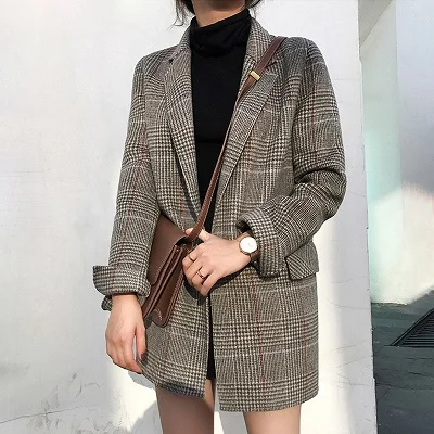 plaid Осенний клетчатый костюм блейзер винтажный свободный костюм из тонкого твида с длинными рукавами пиджак Женский блейзер офисный женский шерстяной кардиган пальто - Цвет: plaid