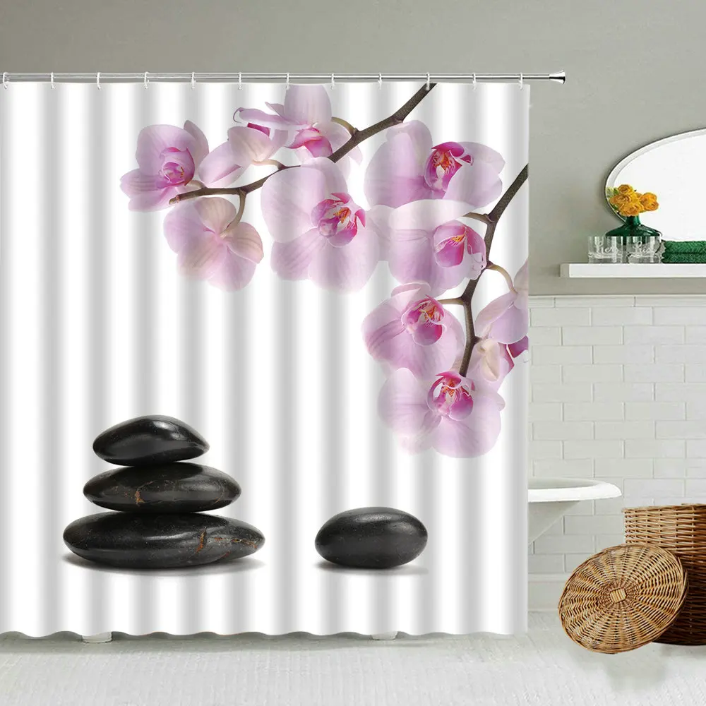 

Zen Quiet Spa Flowing Water Pebbles Stone Shower Curtain Green Bamboo Orchid Flower Plant Butterfly Bathroom Waterproof Curtains