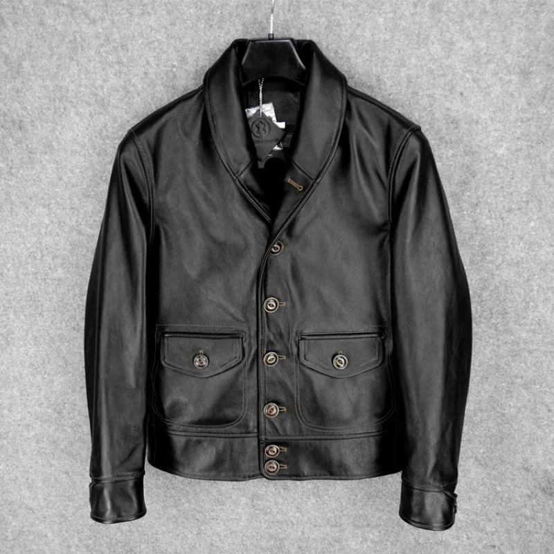 

Harajuku Casual Streetwear Jacket Mens Shawl Collar Single Breasted Genuine Leather Jacket Slim Fit Short Leather Coat Plus Size