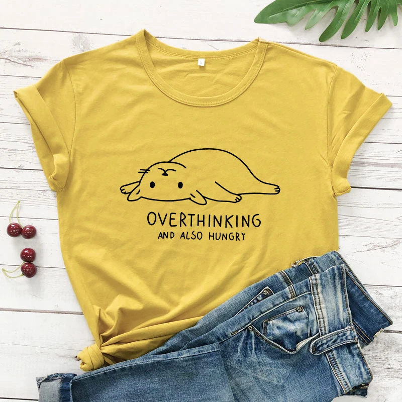 Overthinking и также голод принт с милой кошкой Футболка женская Tumblr с графикой для хипстеров повседневные футболки топы летние Harajuku Забавные футболки