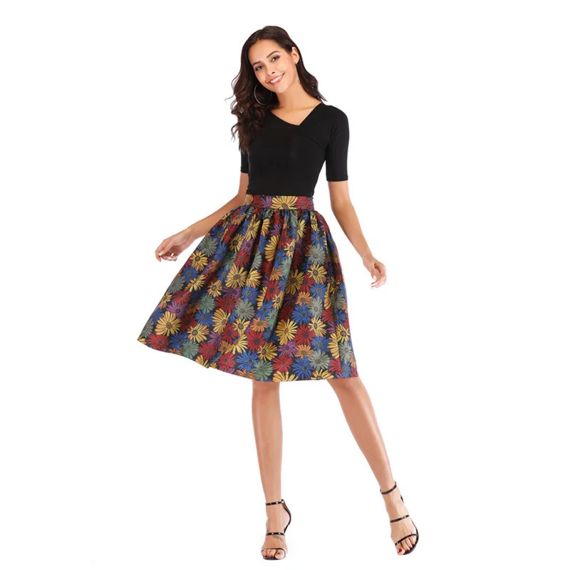 

Elegant Spring Crane Floral Print Skirts Vintage Summer High Waist Knee Length Ball Gown Pocket Skirt