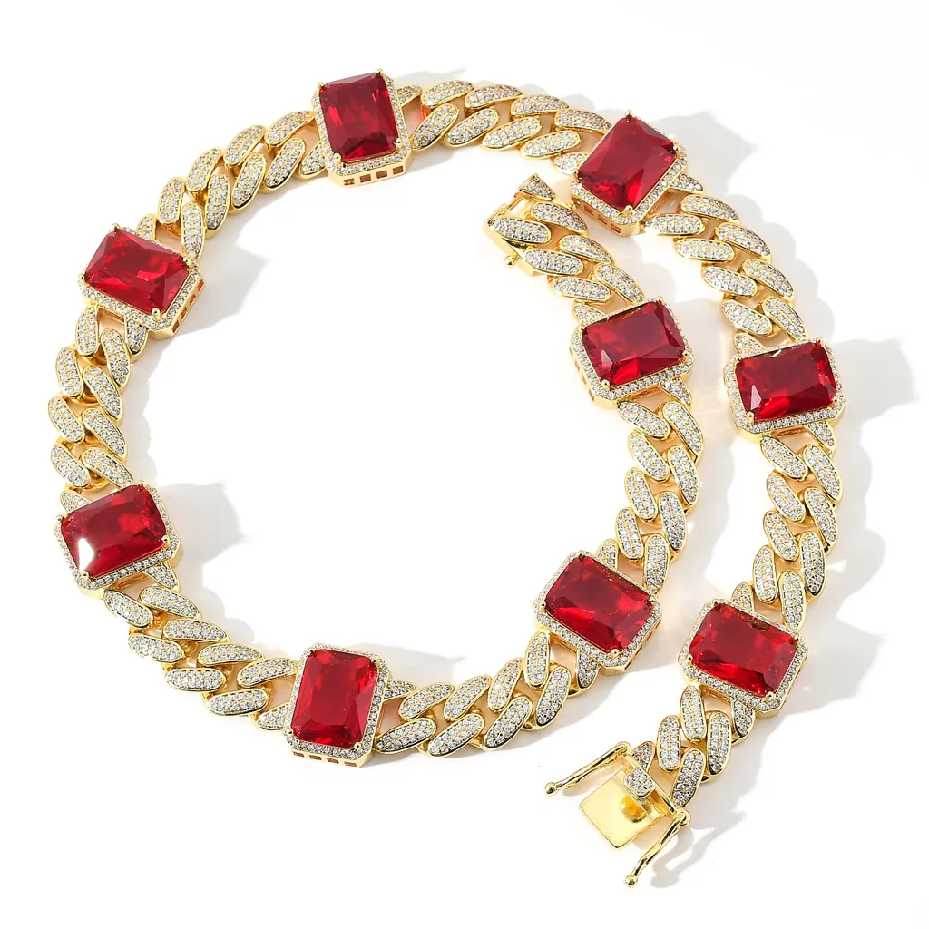 

В стиле «хип-хоп» 13 мм тяжелый золотые ювелирные изделия Красный камень льдом коробка со скобой Медь 5A + CZ 14K, настоящая позолота браслет-цепо...