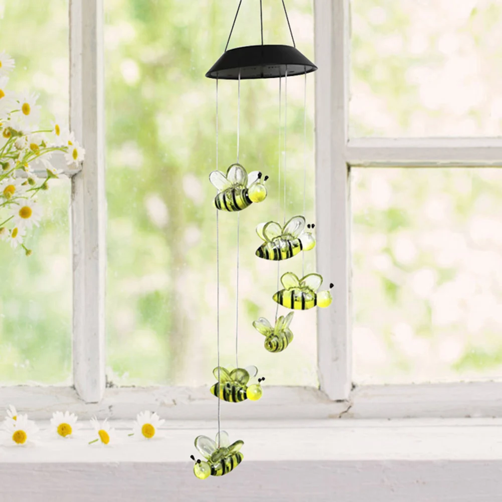 

Honey Bee Solar Power Wind Chime Lamps Windbell Pendant Light Waterproof Outdoor Hanging Decorative Lights for Home Garden