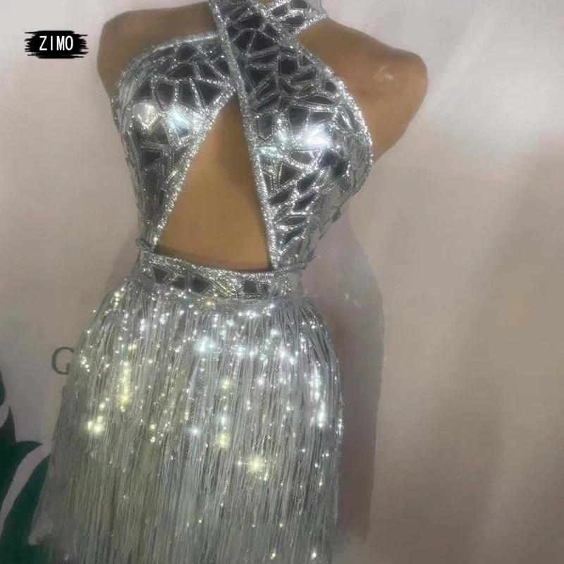 

Sparkle Silver Sequin Tassel Party Dress Women Sexy Backless Rhinestone Fringes Dress Nightclub Prom Latin Dance Stage Outfits