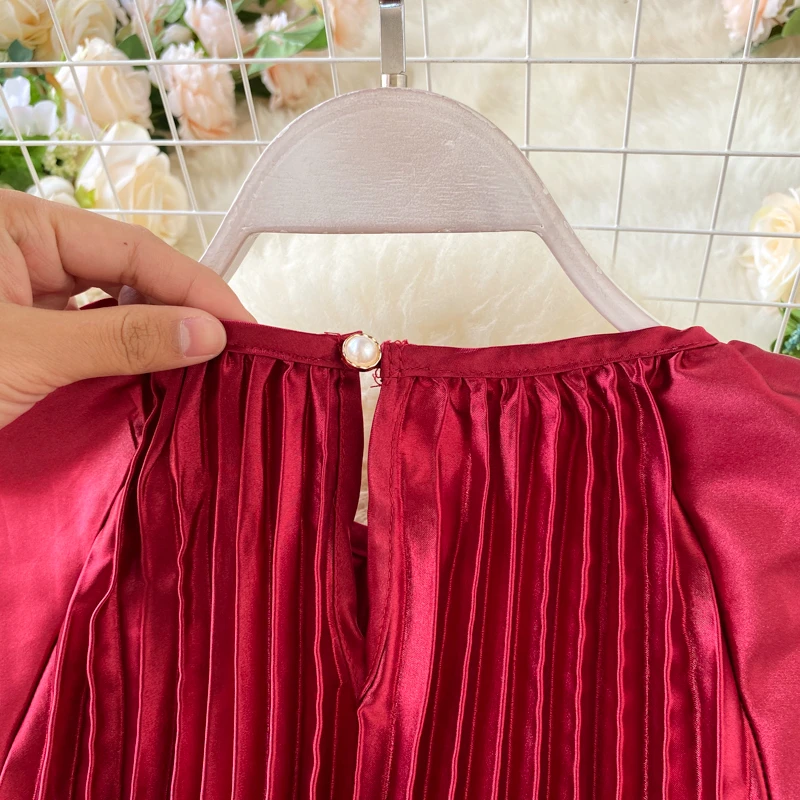 

Elegant Women Satin Dress Fashion Spring Autumn Long Sleeve Maxi Dress Vintage Bright Party Pleated Long Dress Vestidos