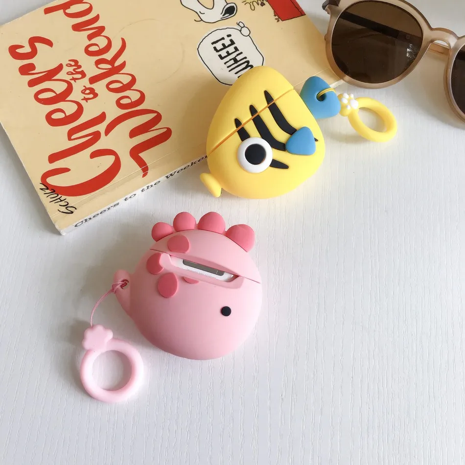 3D Силиконовый наушник чехол для Airpods 2 Чехол милые собаки рыбы мультипликационные наушники чехол для Apple Air pods чехол для Earpods брелок
