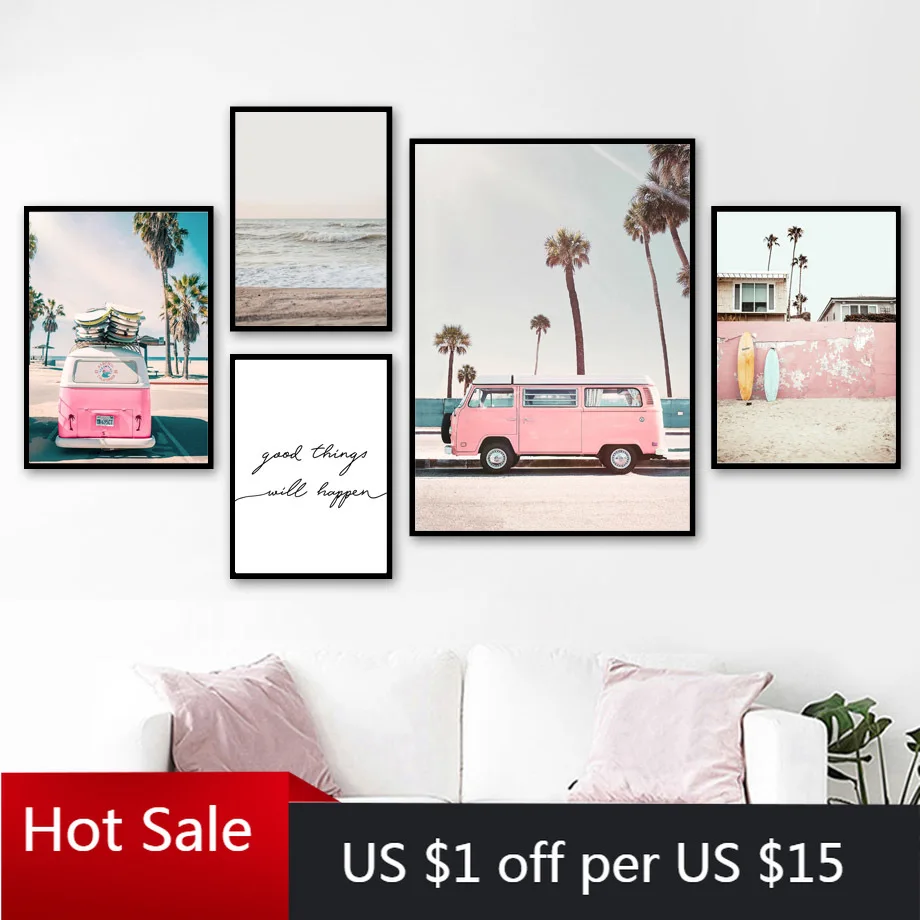 Плакаты и картины Pink Bus Sky Sea Beach с цитатами скандинавский стиль настенная живопись