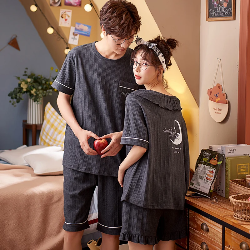 

Kawaii Ruffle Cartoon Women Sleepwear Casual Homewear Fashion Letter Couple Pajamas Set Summer Cotton Short Sleeve Men Nightwear