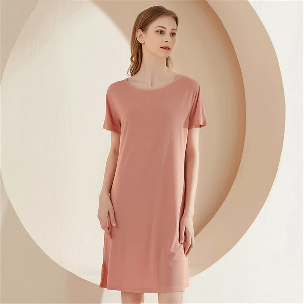 

Women Nightgown Loose Solid Color Nighty Sleep Femme Summer New Sleepwear Soft Female o-Neck Short Sleeve Home Night Gown
