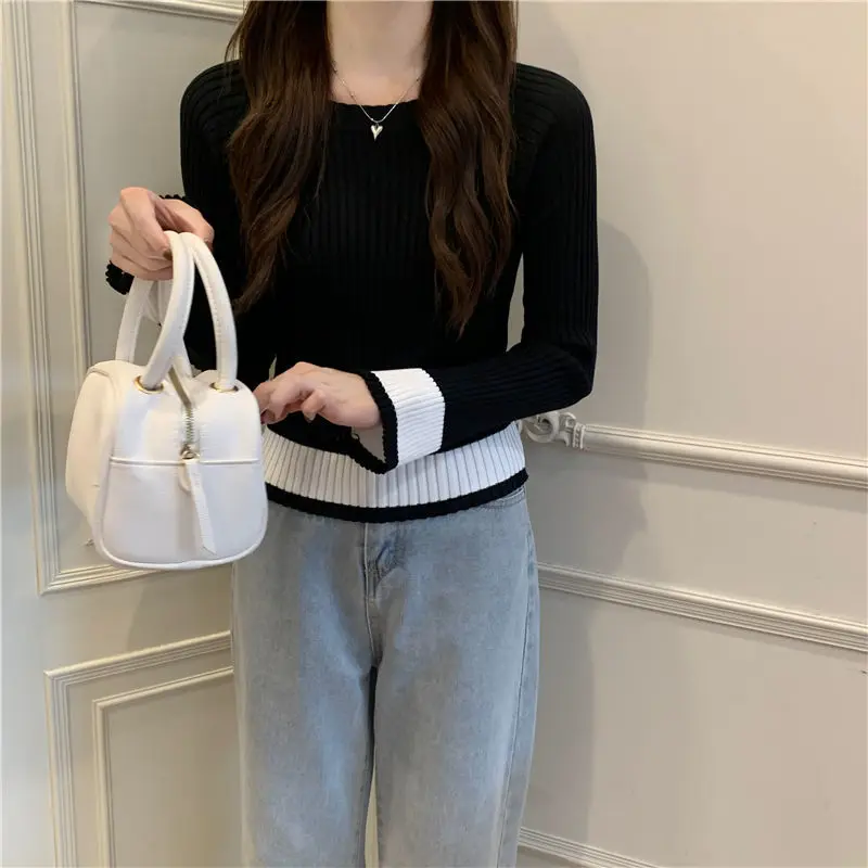 Пуловеры женские с круглым вырезом облегающий осенний свитер в стиле пэчворк