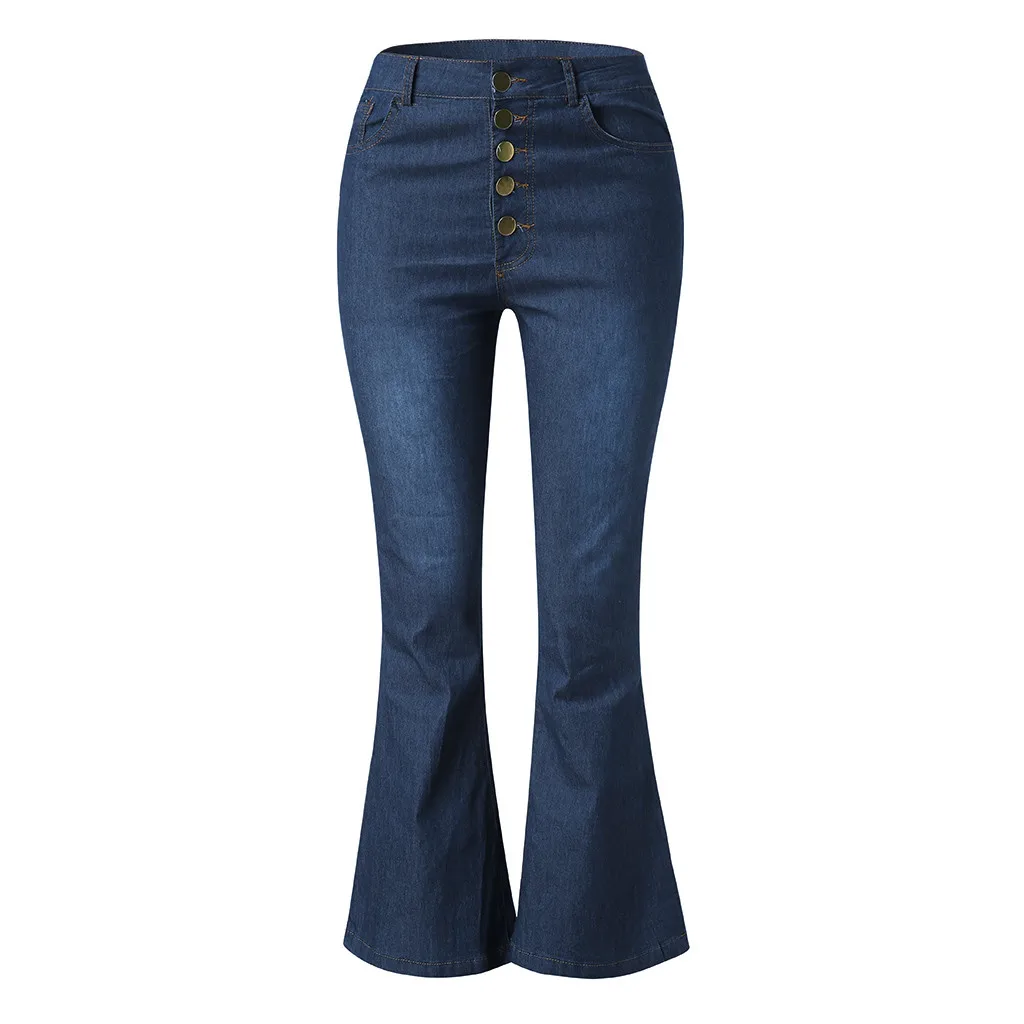 

Woman Jeans Women Autumn Elastic Plus Loose Denim Jeans Pocket Button Casual Boot Cut Pant Jeans